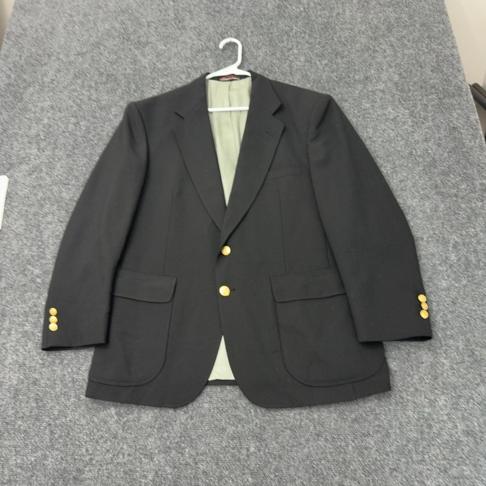 Vintage Stafford Blazer Mens 44R Navy Blue Polyester Wool Gold Button Classic
